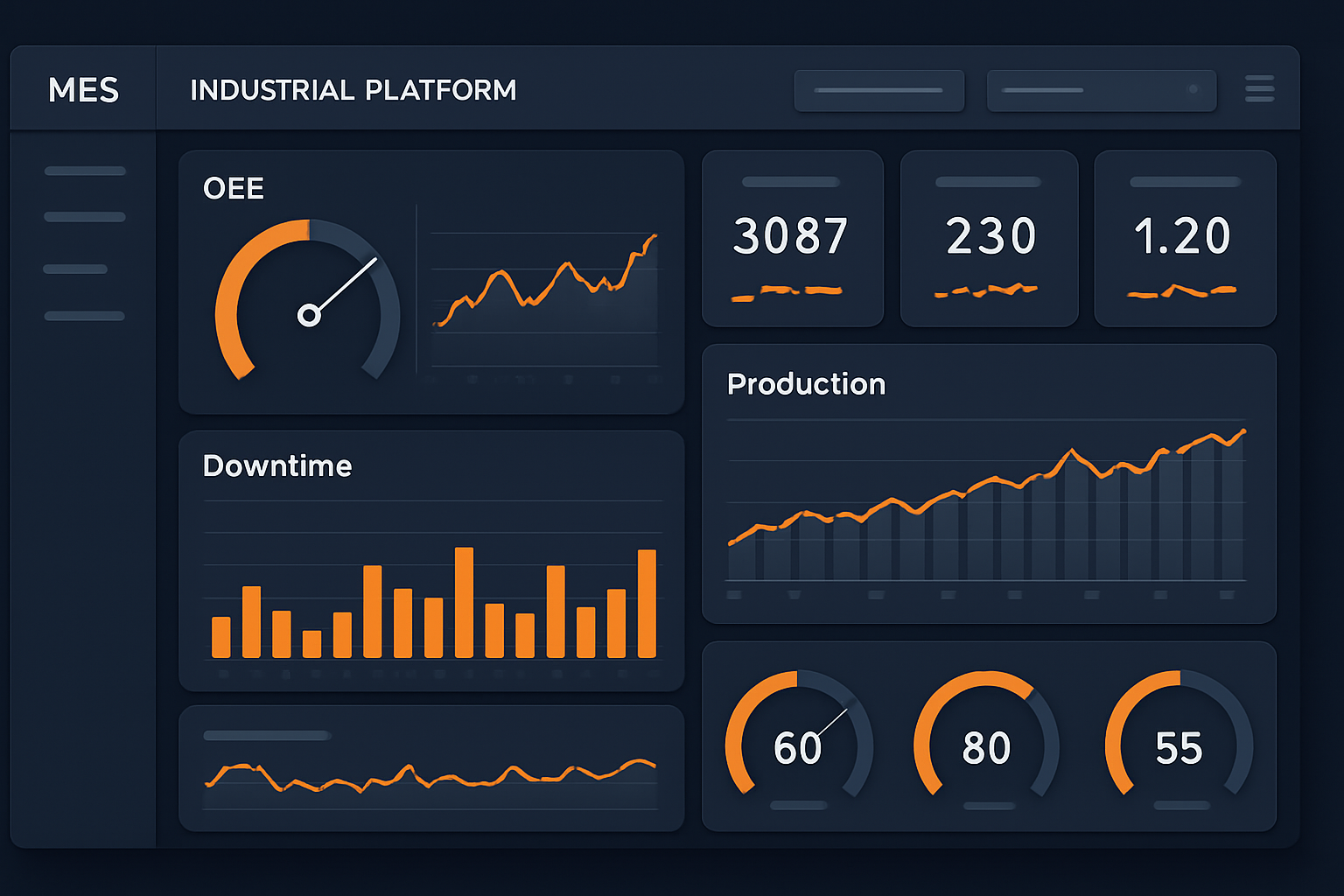 MES industrial - dashboard StrategyOEE ilustrativo