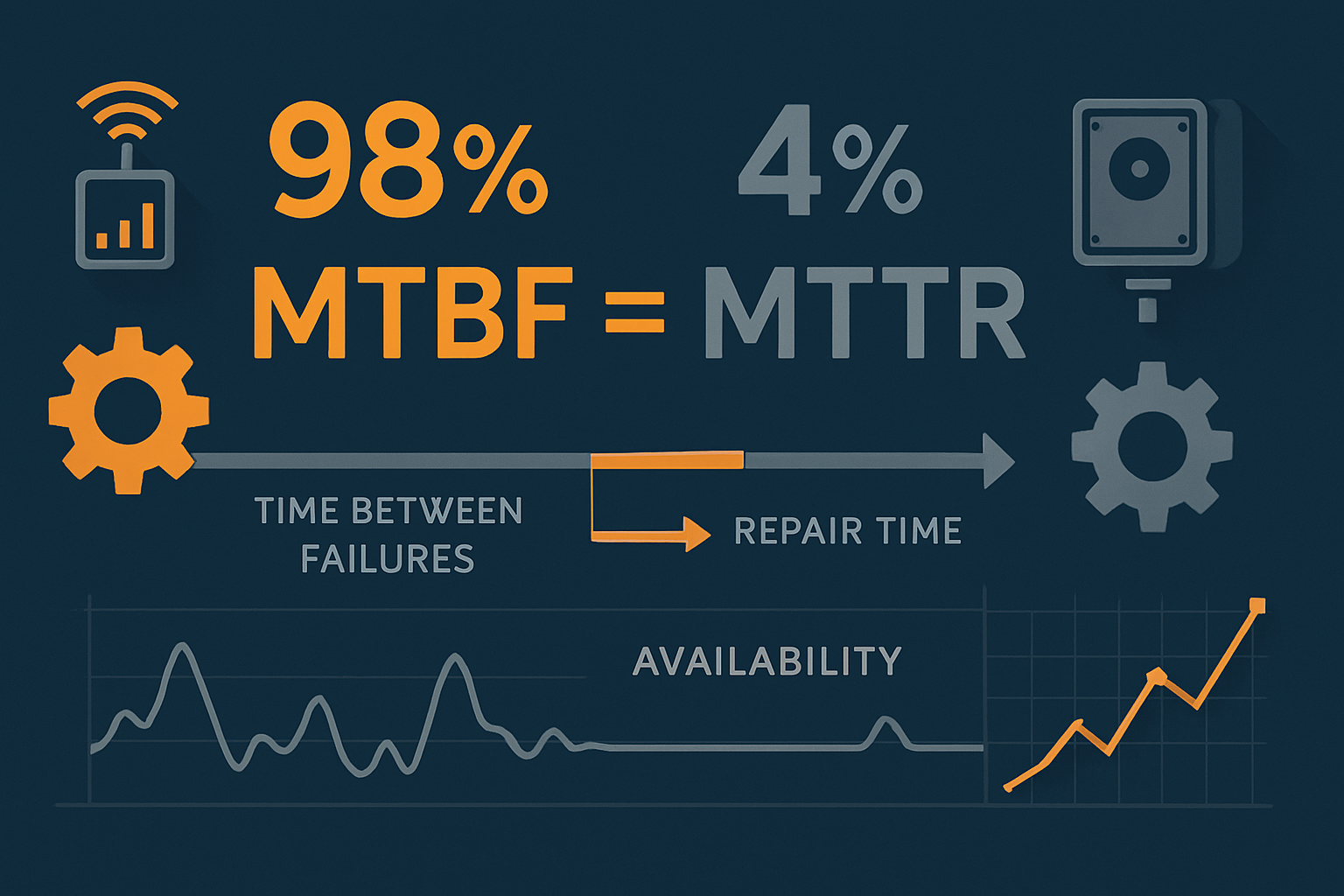 MTBF MTTR - infográfico de cálculo, disponibilidade e impacto no OEE