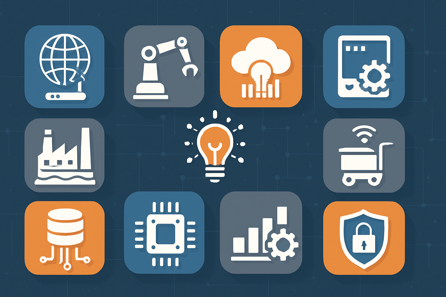 Pilares da Indústria 4.0 - infográfico dos 9 eixos da transformação digital industrial