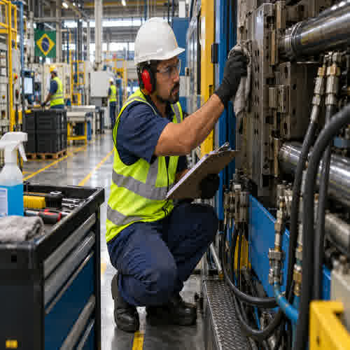 Operador realizando manutenção autônoma em linha de produção